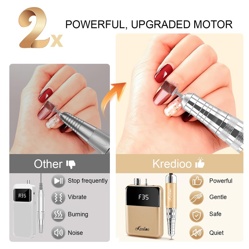 Kredioo Portable Nail Drill 35000 RPM, Rechargeable Electric Nail File