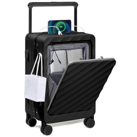 Somago Carry On Luggage Wide Handle 20 Inch Suitcase with Front Compartment Aluminum Framed PC Hardside 22x14x9 No Zipper Business Baggage with Spinner Wheels USB Charging Port TSA Lock (Black)