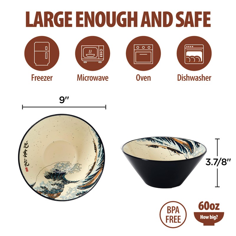 BICETTO Japanese Ramen Bowl Set with Great Wave Design -