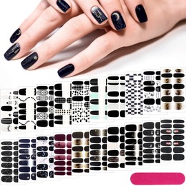 20 Sheets 280 Pieces Black Nail Wraps Self Adhesive Full Cover Nail Decals Art Nail Polish Stickers False Nail Decals Manicure Stickers with 2 Pcs Nail Files for Girls Women (Chic Style)