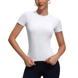 BJY Womens White Workout Compression Shirts,Athletic Quick Dry Yoga Gym Pilates Shapewear Tops,Cute Crop Y2K Short Sleeve Clothes
