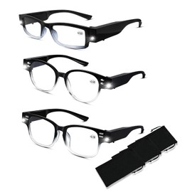 Reading Glasses with Light 3 Styles Bright LED Readers with Lights Glasses with Lights and Magnifier for Men Women Magnifying Eyeglasses Lighted Magnifier Nighttime Reader Lighted Eye Glasses(+350)