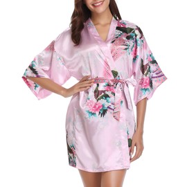 Vlazom Women Kimono Robes Satin Dressing Gown Peacock and Blossoms Sleep Lounge Nightwear Short Silk Bride Bridesmaid Robe, Pink, XL(UK 16-18)