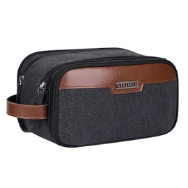 WITZMAN Canvas Toiletry Bag for Men Large Capacity Hanging Dopp kit for Men Leather Toiletries Water-resistant Bathroom Bag(A8002 Black)