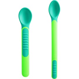 Mam Heat Sensitive Spoons & Cover, Weaning Cutlery, Change Colour with Heat - Green