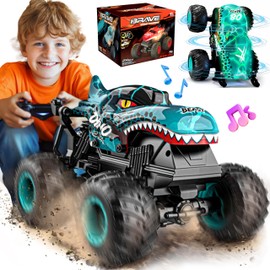 BEZGAR Monster Truck Toys - Remote Control Monster Truck with Light & Music, Dinosaur Toys for Kids, 1:20 Scale RC Truck with 360° Spins and Drifting, Remote Control Car for Boys 4-7 Blue