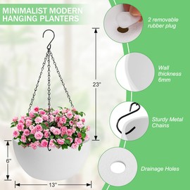 HIGSEEU 13 inch Hanging Planters for Indoor Plants, 2 Pack Planters for Outdoor Plants with Drainage Holes and Chain, Round Plastic Hanging Baskets, Hanging Flower Pots for Balcony Garden Decor-White