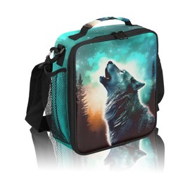 CFERSAN Funny Animal Wolf Night Sky Kids Insulated Lunch Bag School Lunch Box, Reusable Lunch Containers for Girls & Boys with Handles, Carry On Spacious Lunchbox Small Cooler Zipper Tote Bags