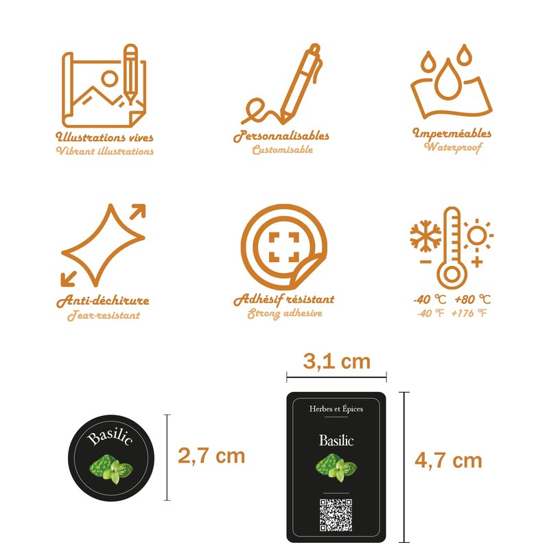 90 Etiquettes Epices Francais Noires, élégantes, imperméable, QR Code des