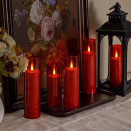 Yeelida Flameless Flickering Candles with Remote Control and Timer, Battery Operated LED Fake 2.2" x 5",6",7",8",8" Plastic Pillar Candles for Home Decor(Long-Lasting, Red)