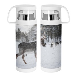 Stainless Steel Thermos Flask with Integrated Cup - Reindeer Profile Under the Snow Wild Life in Winter North Cold - 350ml - Thermos Flask
