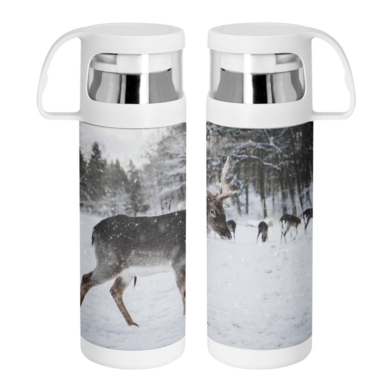 Stainless Steel Thermos Flask with Integrated Cup - Reindeer Profile