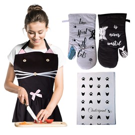 Black Cat Cooking Apron, Heat Resistant Oven Gloves and Tea Towel with Cat Pattern - for Women or Young Girls - BBQ Pot Holder Cat Print - Ideal Birthday and Christmas, Apron, gloves and tea towel