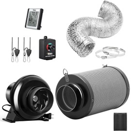 iPower 4 Inch 195 CFM Inline Fan, Air Carbon Filter, 8 Ft Al Foil Ducting, Speed Controller, Temperature Humidity Monitor and Rope for Grow Tent, Ventilation & HVAC Heating Cooling