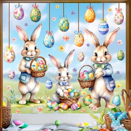 Easter Window Decoration Clings Double-Sided Cute Bunny Decals Home Indoor Decor Removable Happy Easter Egg Static Cling Reusable Rabbit Vinyl Glass Decal for Living Room Bedroom Spring Holiday Supply