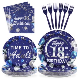 96Pcs Blue Sliver 18th Birthday Party Plates Disposable 350GSM Time To Adult 18 Years Old Birthday Party Tableware Set 18th Birthday Decorations for Boys Girls Happy18th Birthday Party, Serves 24