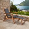 Patio Folding Rattan Lounge Chair Acacia Wooden Frame W/ Retractable