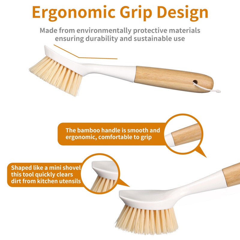 2 Pack Kitchen Dish Brush Bamboo Handle Dish Scrubber Built-in
