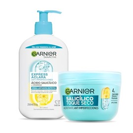 Kit Garnier Express Aclara Anti-Imperfecciones: Gel Limpiador Facial 250ml + Crema Hidratante Facial Toque Seco 50ml con Vitamina C, Ácido Salicílico 