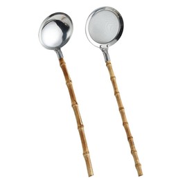 zaoalife Japanese-style Bamboo Handle Cooking Skimmers Stainless Steel Hot Pot Strainer Scoops Hotpot Soup Ladle Spoon Long Handle Serving Colander Tablespoon