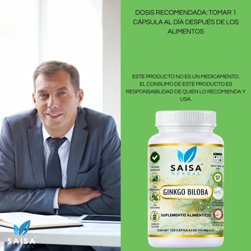 Ginkgo Biloba 120 Cápsulas Suplemento Alimenticio 100 Puro Saisa Herbal