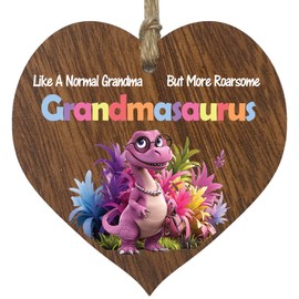 Grandma Gifts - Roarsome Grandmasaurus Wooden Heart Plaque - Happy Birthday Gifts for Grandma from Grandson Granddaughter, Dinosaur Mother's Day Presents, Dark Wood Sign Keepsake