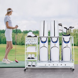 Lauren&Harold 3 Golf Bag Organizer Garage Storage, Golf Storage Rack Stand Fits 3 Golf Bags, Golf Clubs and Other Golfing Equipment Accessories, Large Golf Organizer for Garage, Club, Basement, White