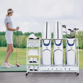 Lauren&Harold 3 Golf Bag Organizer Garage Storage, Golf Storage Rack Stand Fits 3 Golf Bags, Golf Clubs and Other Golfing Equipment Accessories, Large Golf Organizer for Garage, Club, Basement, White