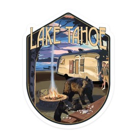 Die Cut Sticker Lake Tahoe, Retro Camper and Lake, Contour Vinyl Sticker 3 to 6 inches, (Waterproof Decal for Cars, Water Bottles, Laptops, Coolers), Large