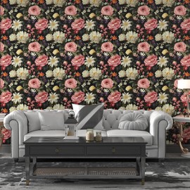 CHIHUT 17.7”x100” Dark Floral Wallpaper Peel and Stick Black Vintage Flower Wallpaper for Living Room Bedroom Self Adhesive Removable Rose Floral Contact Paper for Cabinet Drawer Decorative Vinyl Roll