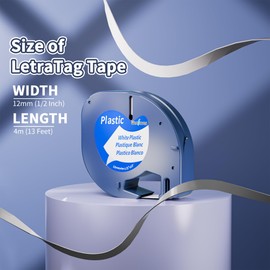 Compatible with Dymo LetraTag Refills Label Maker Tape 91331 White Plastic Label Tape 12 mm x 4 m (1/2" x 13'), Compatible with Dymo LetraTag 200B LT-100H LT-100T Plus, Black on White