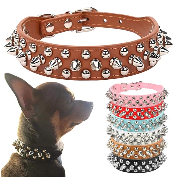 PETCARE Spiked Dog Collar Brown Soft Pu Leather Funny Mushrooms