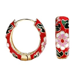 Vintage Enamel Flower Small Hoop Earrings Retro Japanese Style Flowers Earrings for Women-Red