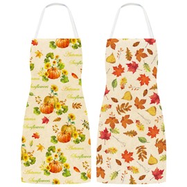 Whaline 2 Pack Fall Theme Apron Maple Leaves Pumpkins Sunflowers Pattern Linen Chef Cooking Apron Autumn Adjustable Washable Apron Fall Kitchen Collection for Thanksgiving Dinner Baking BBQ Grilling