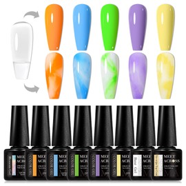 MEET ACROSS Nail Blooming Gel, 5 Colors Gel Nail Polish Orange Blue Green Purple Yellow Clear Blossom Gel Polish Set with Base Top Gel Soak off Nail Gel Diy Nail Art Design