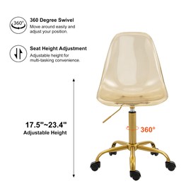 HOMEFUN Clear Rolling Chair, Armless Acrylic Desk Chair with Golden Feet Swivel Molded Plastic Shell Adjustable Home Office with Wheels