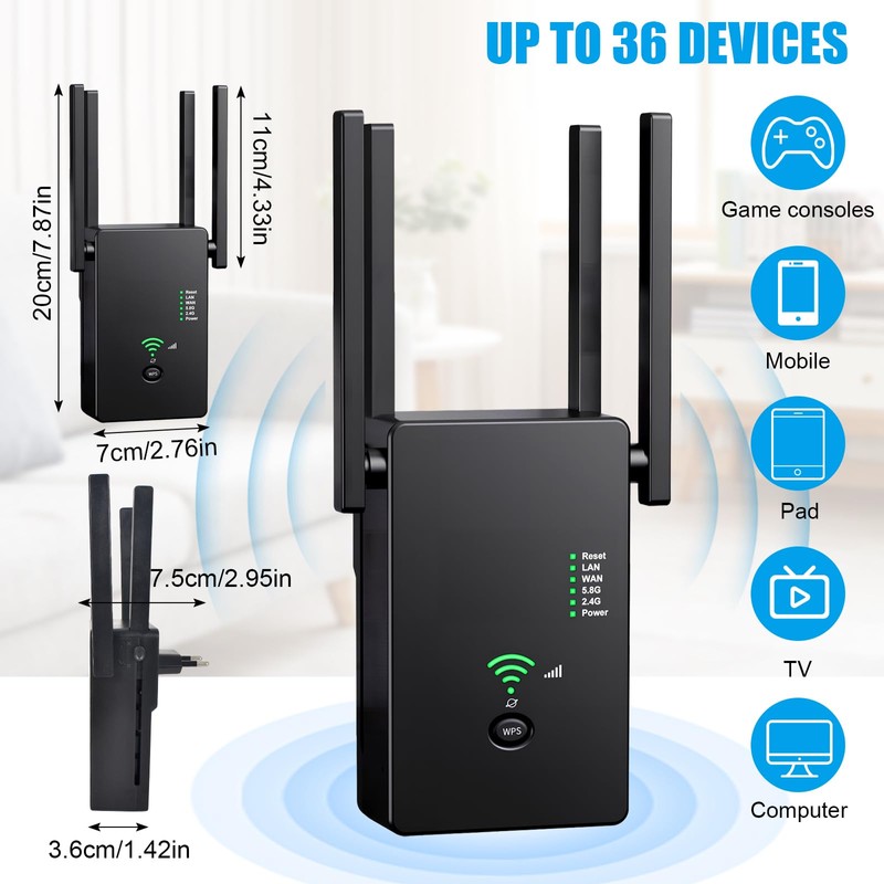 WLAN Repeater WLAN Verstärker 1200Mbit/s Dualband 2,4GHz+5GHz WiFi Booster mit