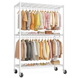 Raybee Heavy Duty Clothes Rack, 81" H Clothing Racks for Hanging Clothes, Portable Closet with Wheels and Adjustable Feet, Max Load 500LBS, White