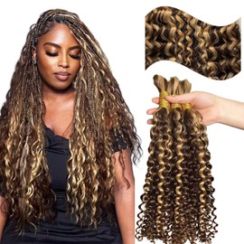 Human Boho Braiding Hair Deep Water Wave Bulk Human Hair Brown and Blonde 4/27 Highlight Bundles Human Hair 22 Inch 1100G Tangle-free Weftless Honey Blonde Curly Braiding Hair for Boho Braids