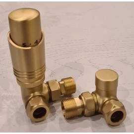 Team Controls Brushed Brass Corner Thermostatic Radiator Valves & Lockshield 15mm Pack Set KT, 15mm x 1/2''