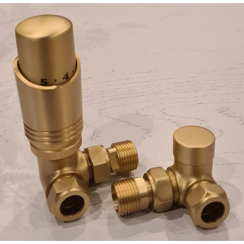 Team Controls Brushed Brass Corner Thermostatic Radiator Valves & Lockshield