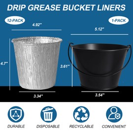 12 Pack Grease Bucket Liner and 1 Pack Black Bucket Griddle Accessories, Grease Catcher Cup Liner for Traeger Traeger Pro Series, Pit Boss, Pellets Smoke, Grill Accessories Drip Tray Liner
