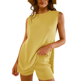 Womens Summer Knit Lounge Sets 2 Piece Sweater Sets Tank Top and Shorts Matching Beach Vacation Outfits(Yellow, Large)