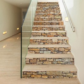 Stone Brick Pattern Stair Sticker, 6 Counts/13pcs Removable Self Adhesive Stair Sticker, Decorative Sticker for Home Kitchen Bathroom Wall, Home Decor - Color: Dark Beige, Specification: 7.08*39.37in, 6 counts