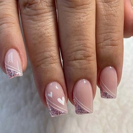 ANDGING Press on Nails, 24Pcs Nude Pink Square Short Acrylic False Nails with Glitter Gold Heart Design, Reusable Stick on Nails for Women, Manicure