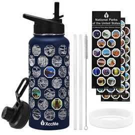 XccMe National Parks Water Bottle with Stickers,32 oz Stainless Steel Insulated Water Bottle with Straw,2 Lids,Leak Proof Metal Water Cup for Hiking,Travel,Sports,Camping,Wide Mouth Bottle