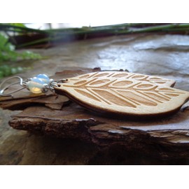 Moonstone and large wooden leaf - milled earrings: unique, really long, lightweight earrings on handmade hooks