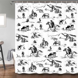 Western Cowboy Shower Curtain, Wild West Cowboy Ride Horse Desert Cactus Shower Curtain for Bathroom, Farmhouse Country American West Theme Fabric Decor Bath Curatain Set with Hooks, 69X70 Black