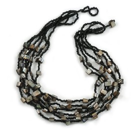 Avalaya Multistrand Glass And Shell Bead Necklace in Black/ 38cm L