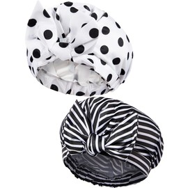 2 Pieces Shower Caps for Women, Waterproof Reusable Shower Hair Caps Elastic Hem Shower Bath Caps for Long, Short and Curly Hair for Women Girls (Black Dot and Stripe)